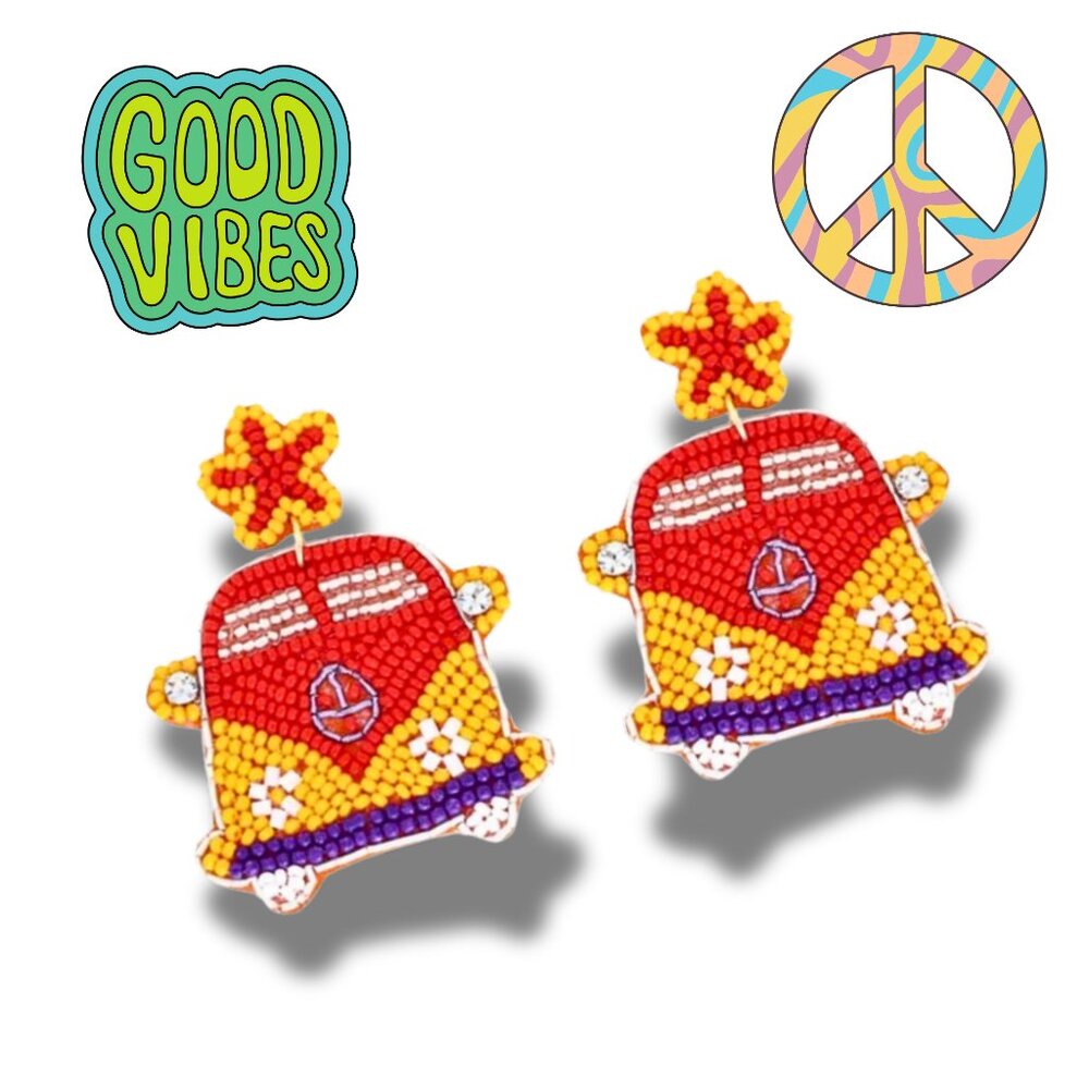 Retro 60's 70's VW Camper Bus Van Hippie Boho Seed Beaded Statement Earrings